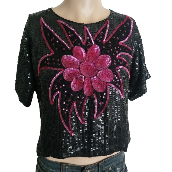 VTG 80s JLB Paris Silk Sequined Floral Top SZ M - Picture 2 of 7
